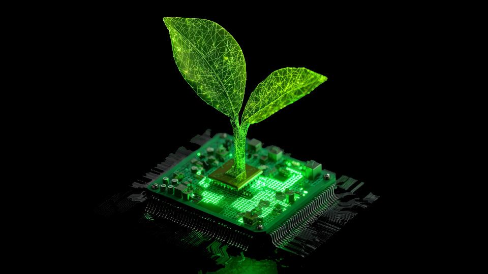 A green plant sprouting from a glowing microchip on a black background.